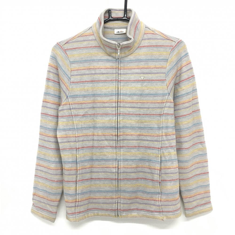 【美品】エレッセ ニットジャケット ライトグレー×マルチ ボーダー調 裏起毛 レディース M ゴルフウェア ellesse 画像