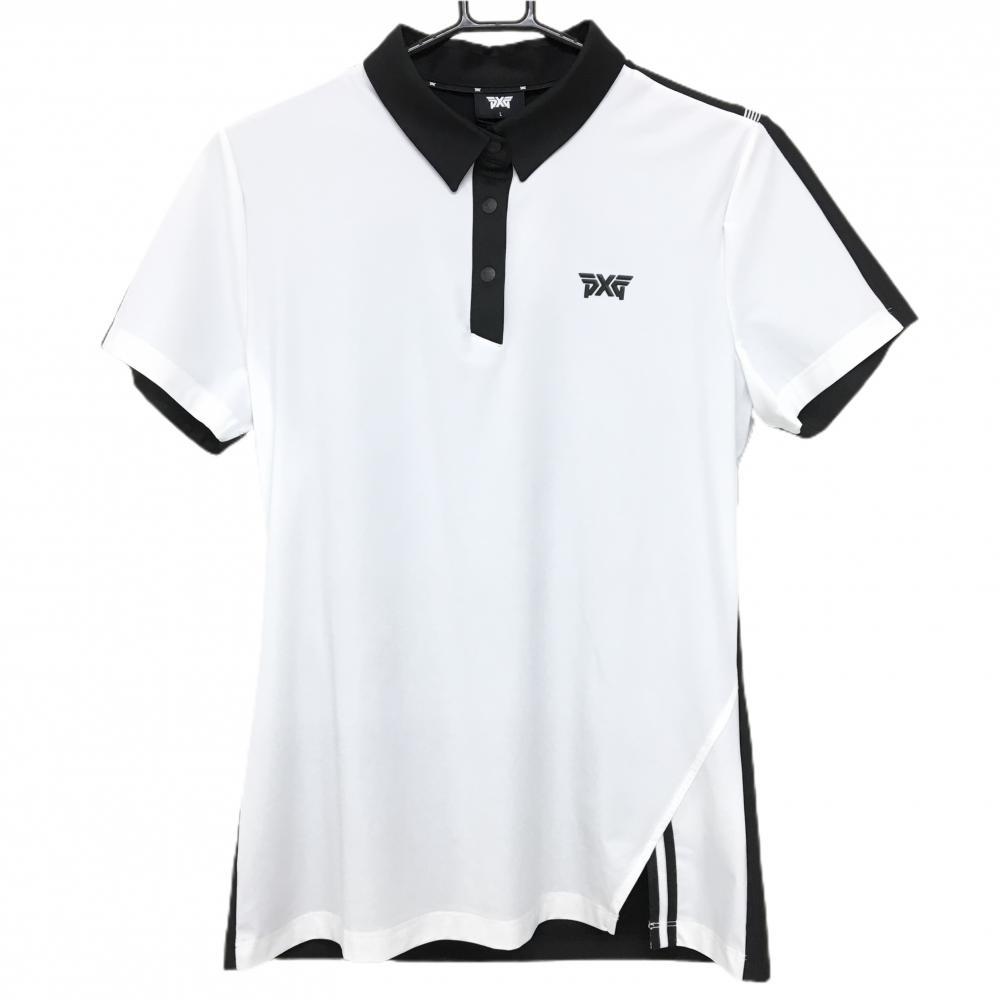 【新品】パーソンズエクストリームゴルフ 半袖ポロシャツ 白×黒 背面地模様 スナップボタン レディース L ゴルフウェア PXG