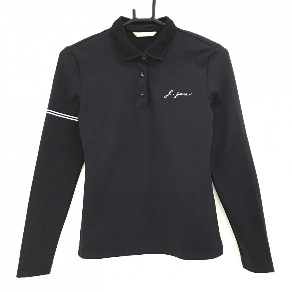 【美品】ジェイジェーン 長袖ポロシャツ 黒×白 袖2ライン 裏微起毛 韓国モデル  レディース S ゴルフウェア J.JANE