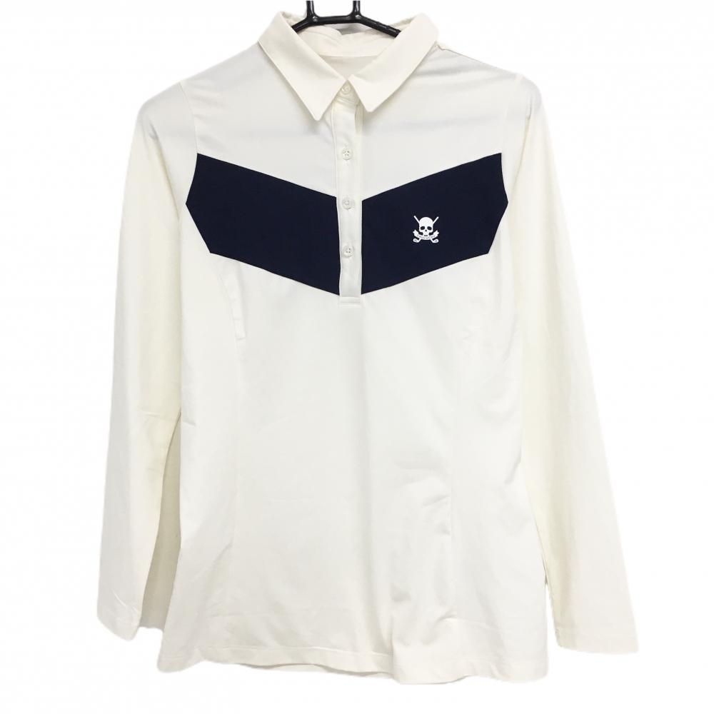 【美品】チュクチュスポーツ 長袖ポロシャツ 白×ネイビー スカル 韓国モデル ストレッチ  レディース L ゴルフウェア CHUCUCHU