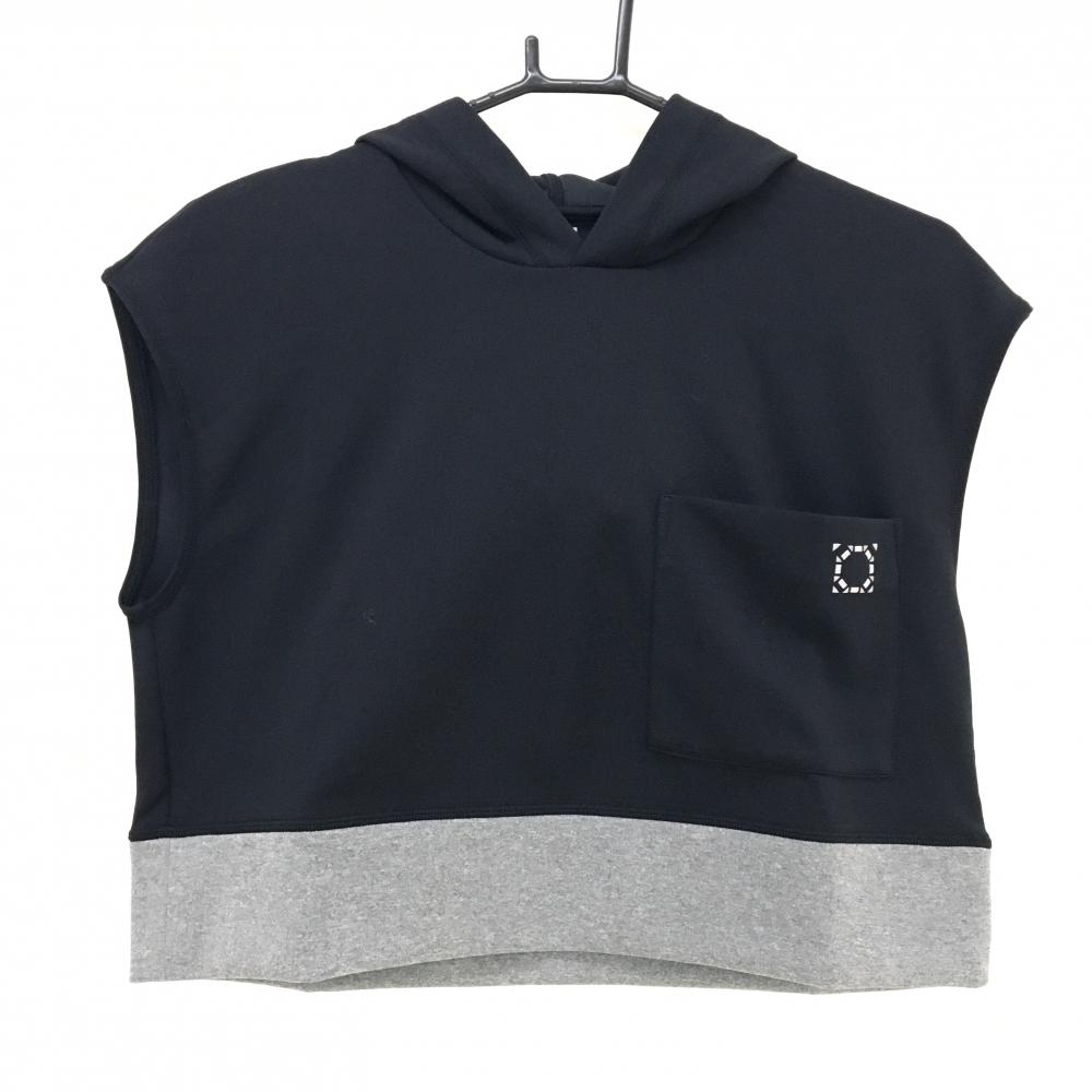 【超美品】ヘンリークラブ フード付きシャツ 黒×杢グレー フレンチスリーブ バック裾ロゴ レディース 40(M) ゴルフウェア HENRY CLUB