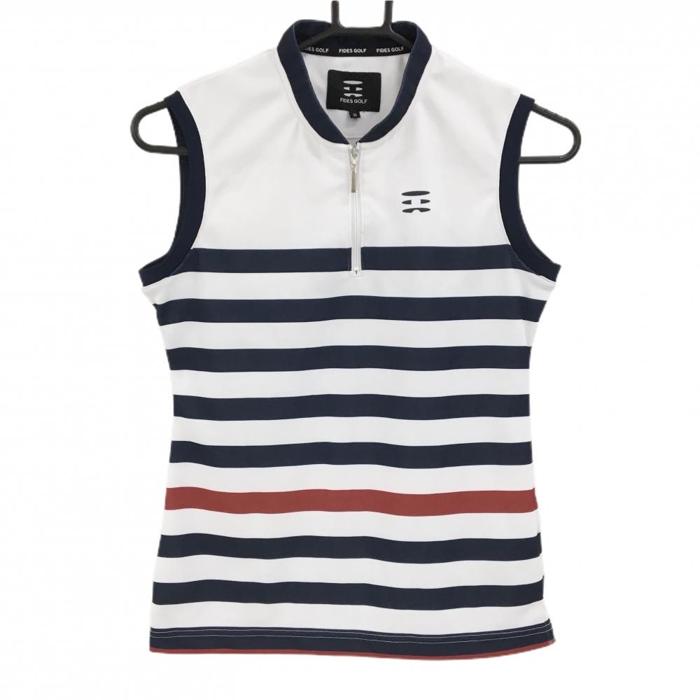 【超美品】フィデスゴルフ ノースリーブポロシャツ 白×ネイビー ハーフジップ ボーダー レディース S ゴルフウェア FIDES GOLF