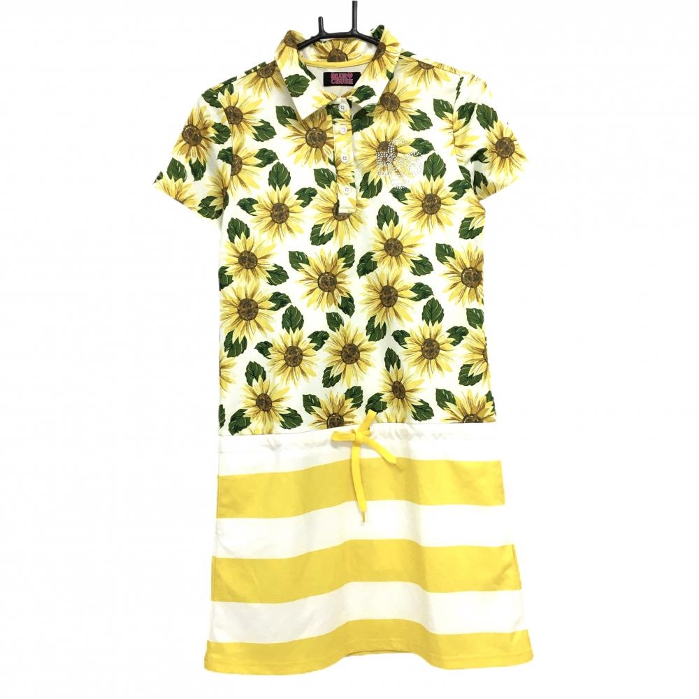 【美品】ブルークラッシュ 半袖ポロワンピース イエロー×グリーン ひまわり総柄 ボーダー  レディース M ゴルフウェア BLUE CRUSH 