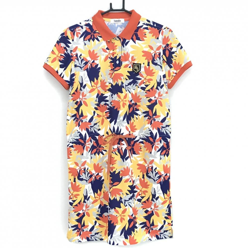 【超美品】サンディ 半袖ポロワンピース オレンジ×イエロー×ネイビー 総柄 リーフ レディース L ゴルフウェア sandie