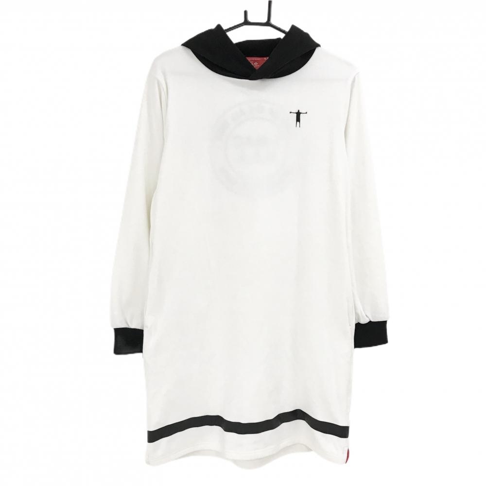 【美品】ティーマック フード付フリースワンピース 白×黒 バックロゴ刺しゅう 裏微起毛 レディース L ゴルフウェア T-MAC