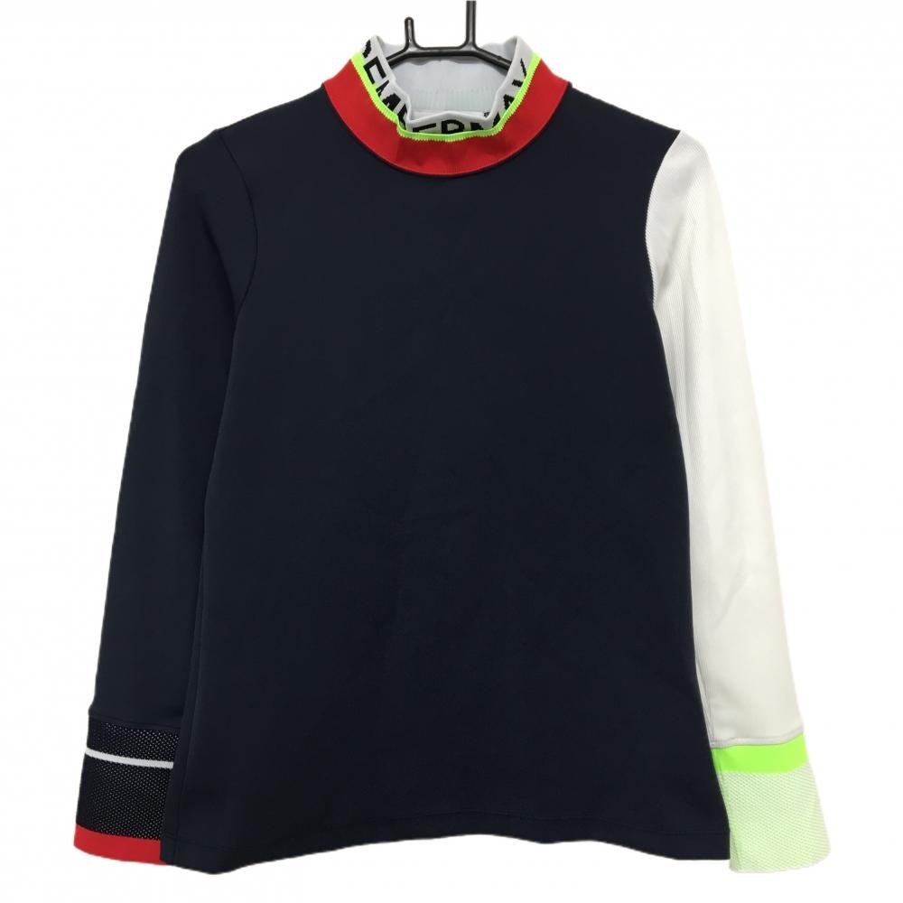 【超美品】ディセンバーメイ 長袖ハイネックシャツ ネイビー×白×レッド ネック二重 レディース M ゴルフウェア DECEMBERMAY