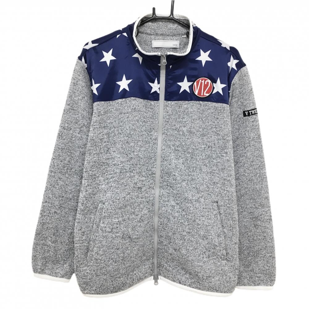 【超美品】ヴィトゥエルヴ 異素材ジャケット 杢グレー×ネイビー×白 一部星柄 裏起毛 メンズ L ゴルフウェア V12