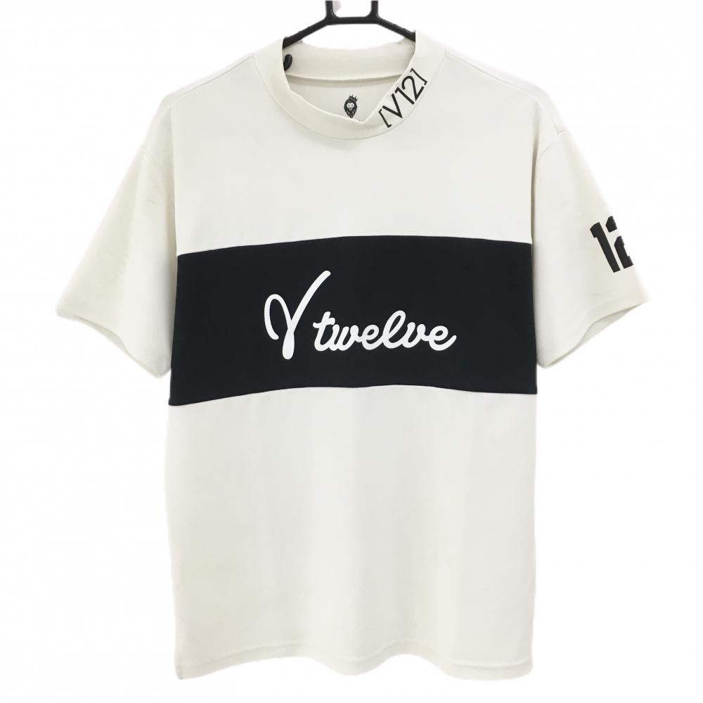 V12 半袖ハイネックシャツ 白×黒 胸元切替ロゴ メンズ M ゴルフウェア V12