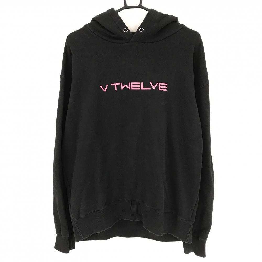 ヴィトゥエルヴ フード付トレーナー 黒 ロゴ蛍光ピンク メンズ XL ゴルフウェア V12