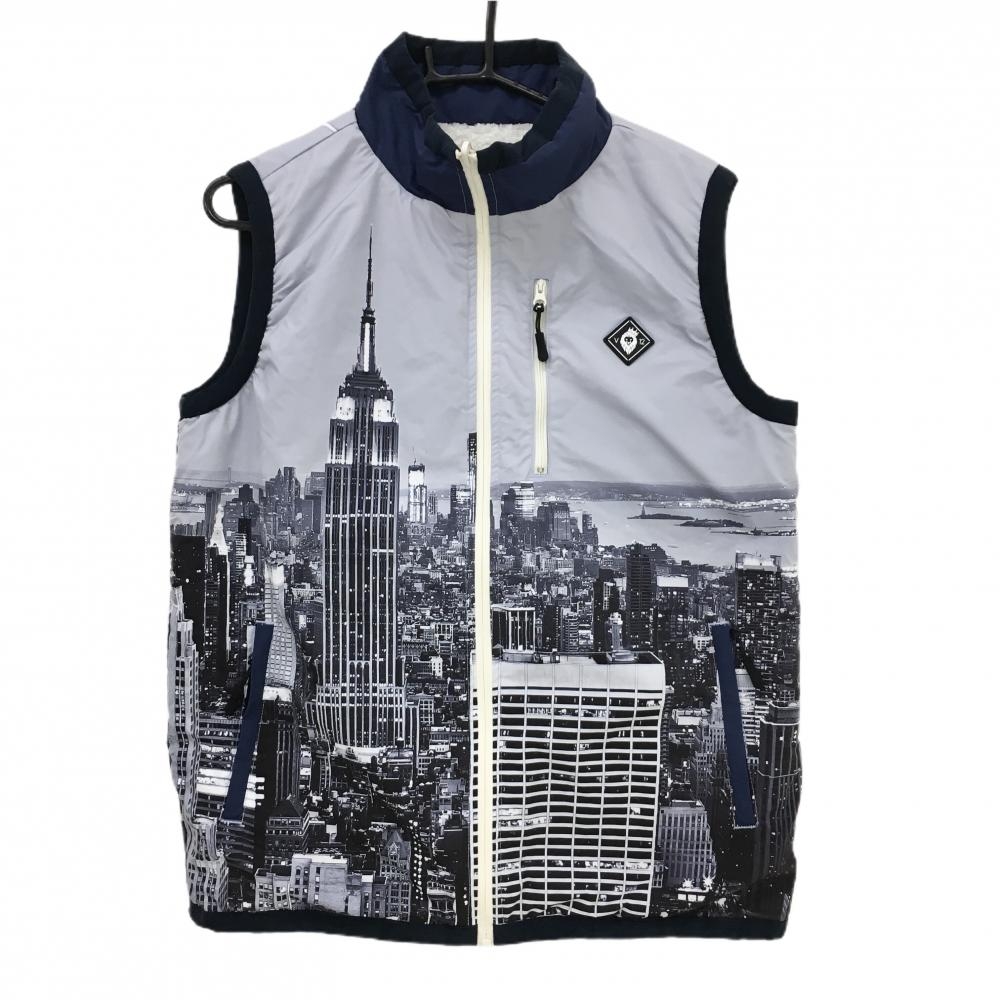 【美品】V12 リバーシブルベスト グレー×ネイビー タウン柄 裏ボア白  メンズ L ゴルフウェア V12