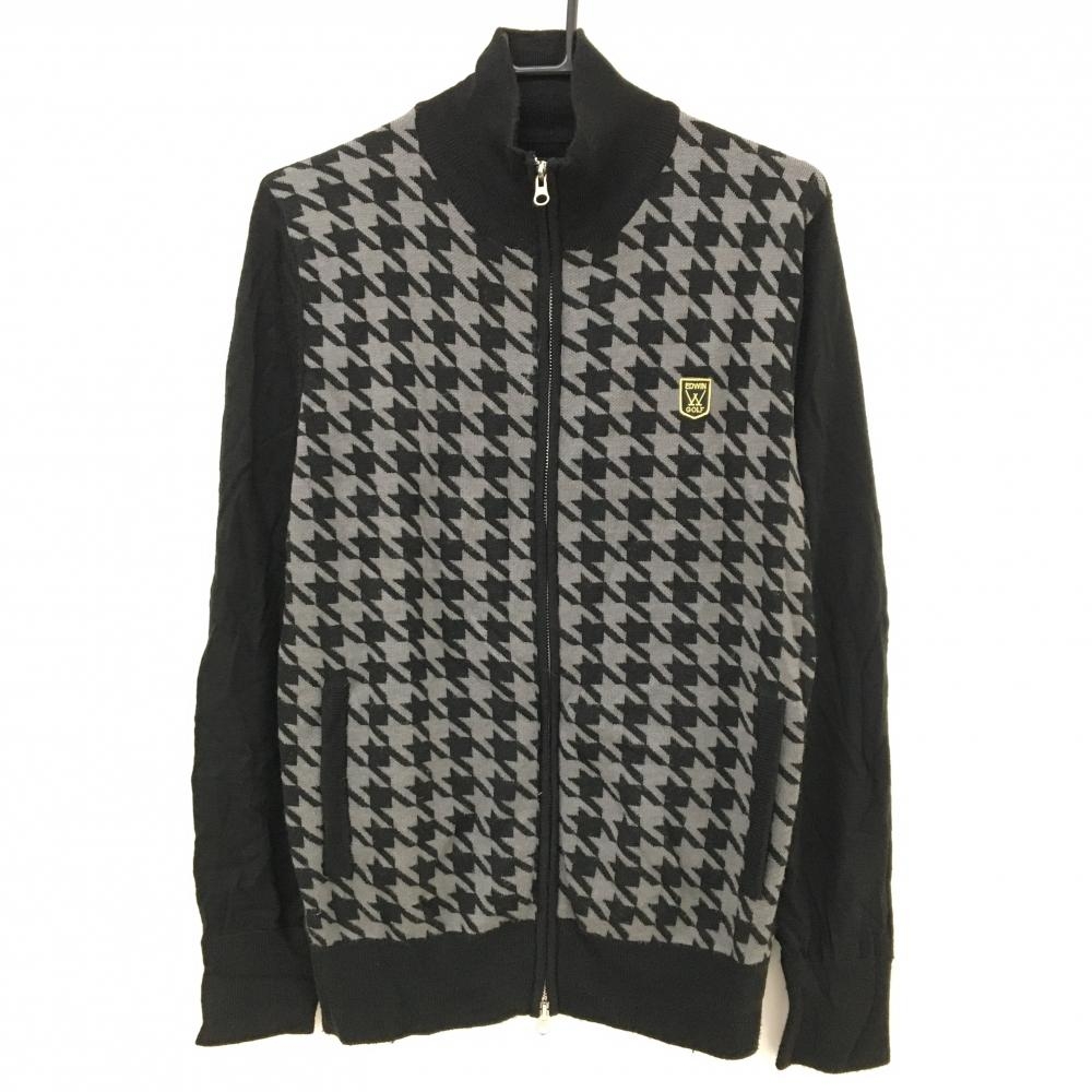 エドウィンゴルフ ニットジャケット 黒×グレー 前身頃千鳥格子 ウール混 メンズ L ゴルフウェア EDWIN GOLF