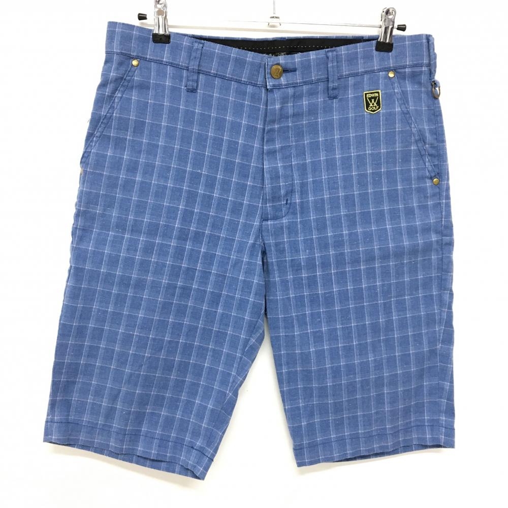【美品】エドウィンゴルフ ハーフパンツ ブルー×ピンク チェック 麻素材 刺しゅうワッペン  メンズ L ゴルフウェア EDWIN GOLF