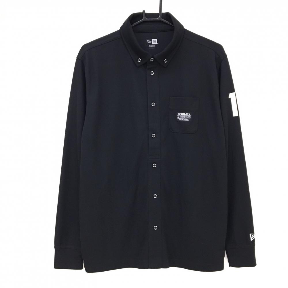 【超美品】ニューエラ 長袖ポロシャツ 黒 袖ナンバープリント 胸ポケット ボタンダウン  メンズ MEDIUM ゴルフウェア New Era