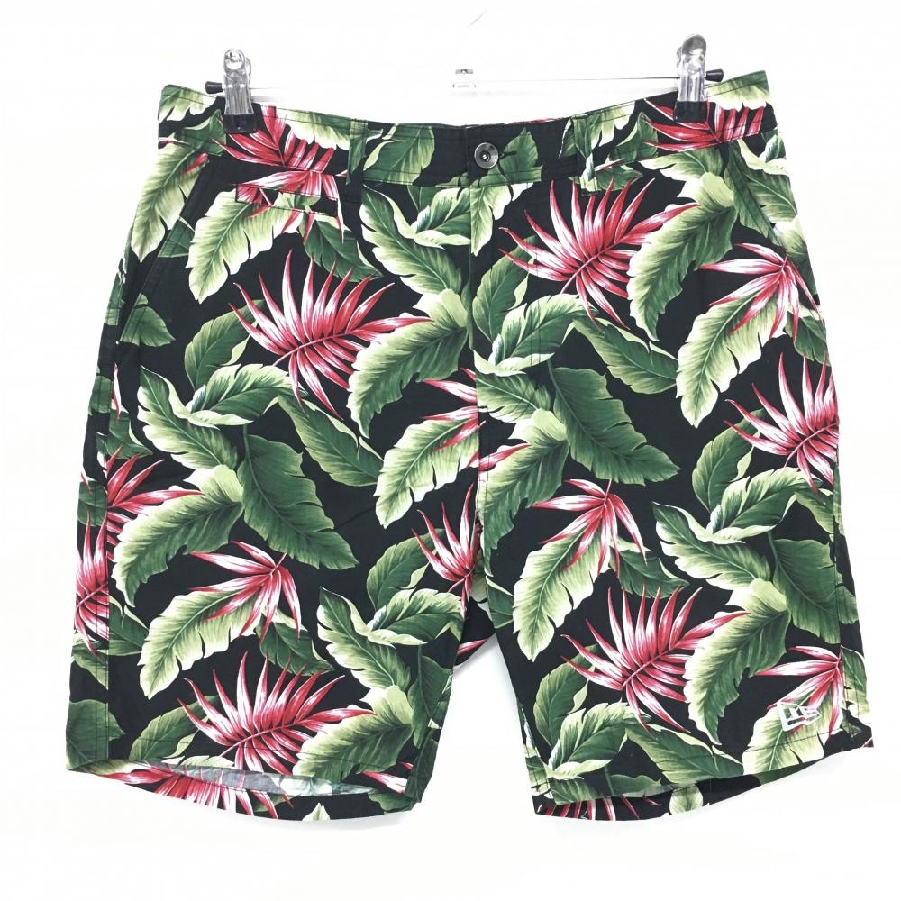 【美品】ニューエラ ハーフパンツ 黒×グリーン×レッド リーフ柄 ウエスト調節紐付 綿100％ メンズ LARGE ゴルフウェア New Era