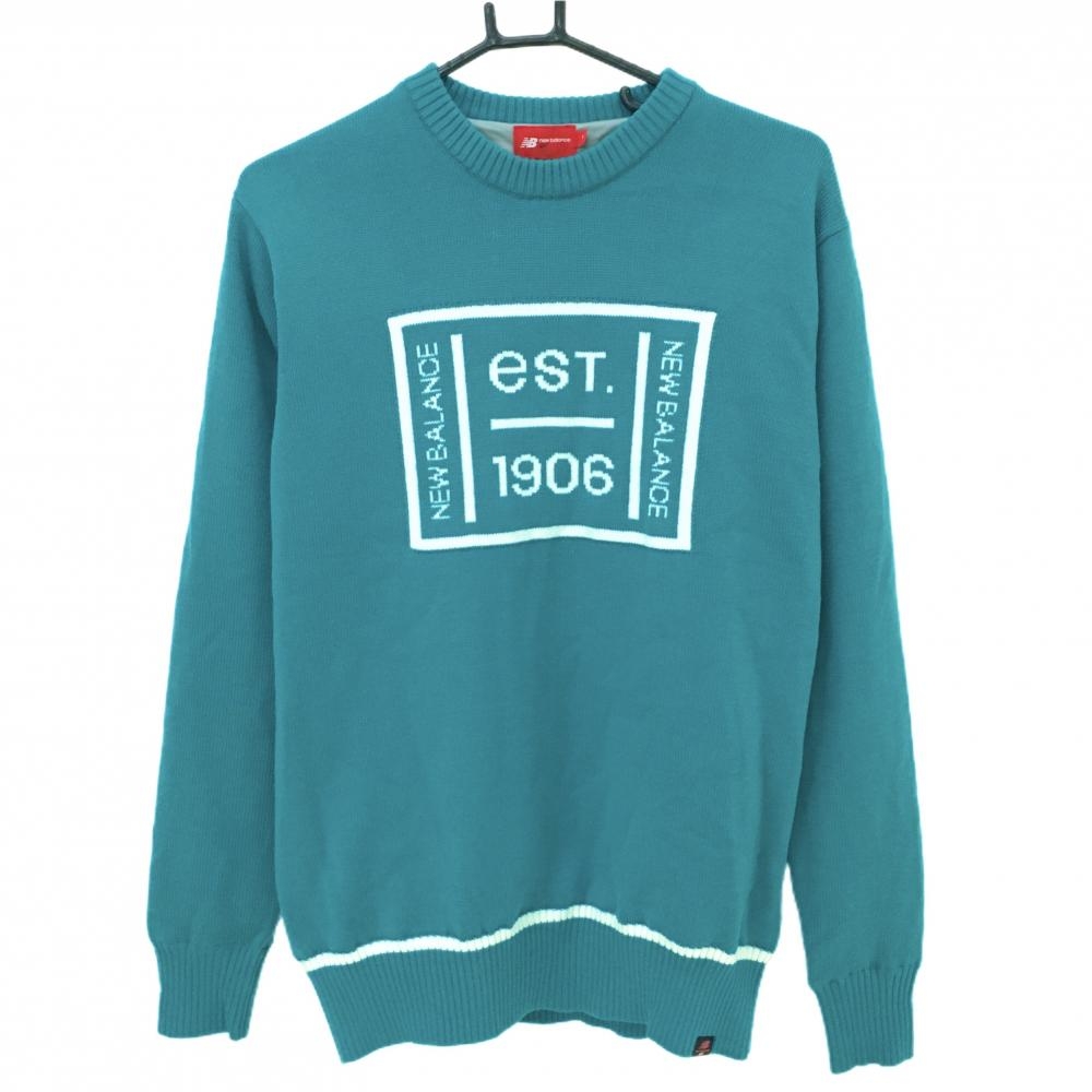 【超美品】ニューバランスゴルフ 裏地付セーター グリーン×白 フロントロゴ ウール混 ニット  メンズ 4(M) ゴルフウェア New Balance