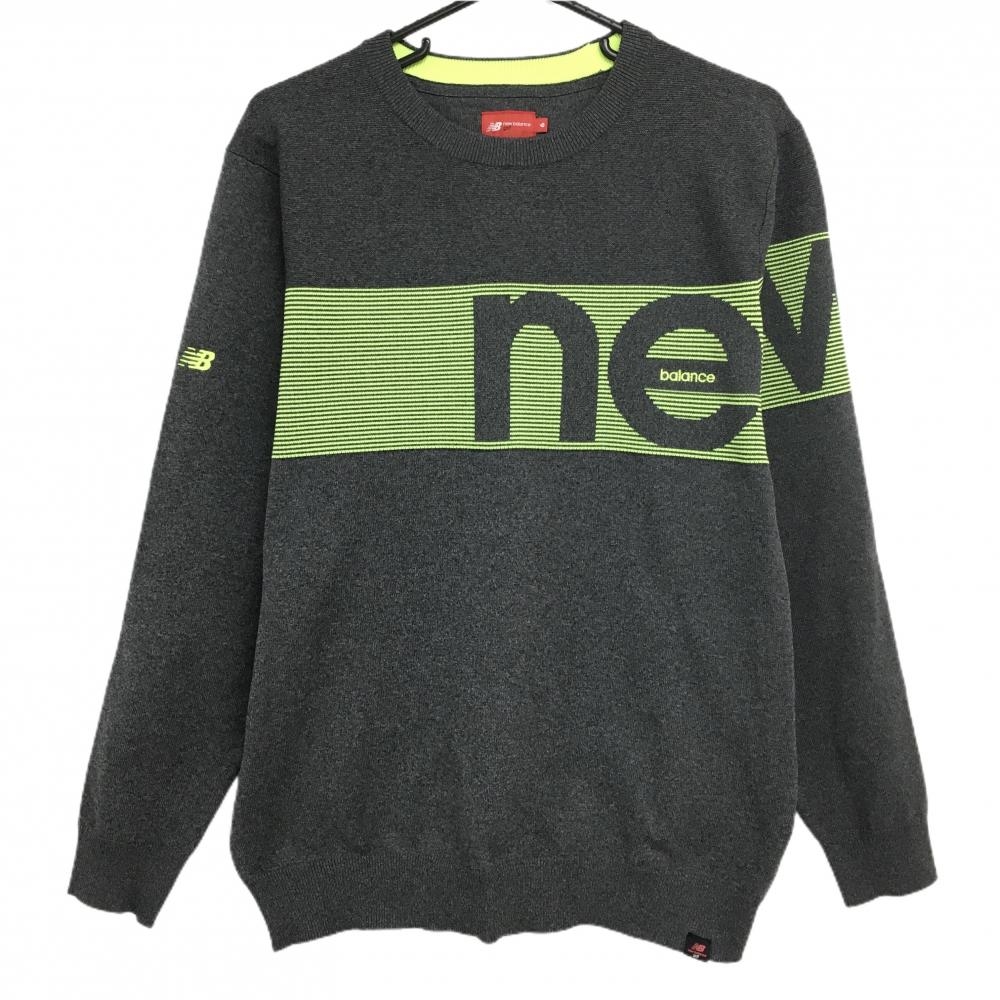 【超美品】ニューバランスゴルフ セーター グレー×イエロー 一部ボーダー ロゴ刺しゅう ニット メンズ 6(XL) ゴルフウェア New Balance