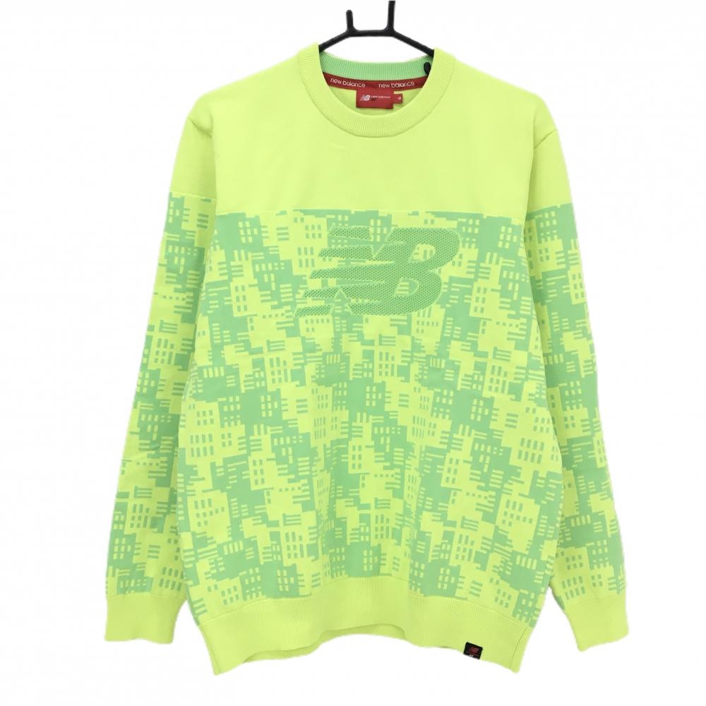 【美品】ニューバランスゴルフ セーター 蛍光イエロー系×グリーン 下部総柄 ニット  メンズ 6(XL) ゴルフウェア New Balance