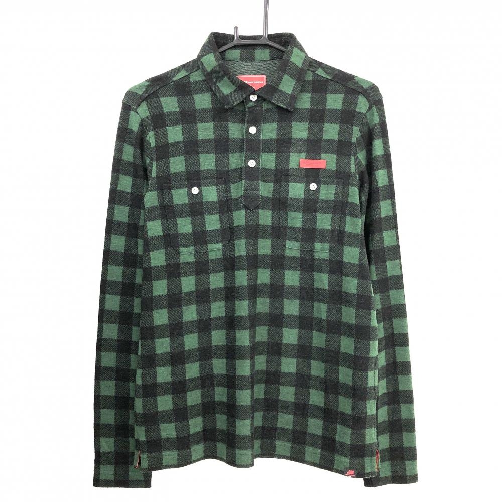 【美品】ニューバランスゴルフ 長袖ポロシャツ グリーン×黒 チェック 起毛素材 アクリル混 メンズ 4(M) ゴルフウェア New Balance