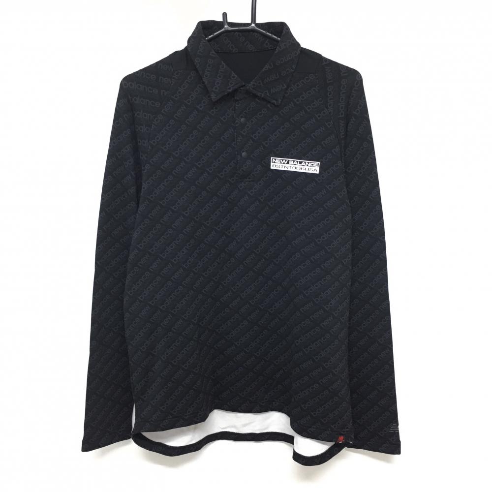 【超美品】ニューバランスゴルフ 長袖ポロシャツ 黒×グレー ロゴ総柄 裏起毛 メンズ 6(XL) ゴルフウェア New Balance
