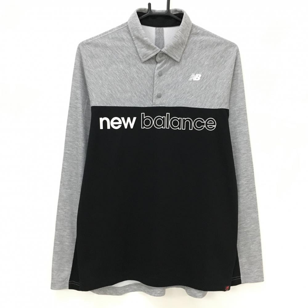 【超美品】ニューバランスゴルフ 長袖ポロシャツ 杢グレー×黒 ロゴプリント スナップボタン メンズ 5(L) ゴルフウェア New Balance