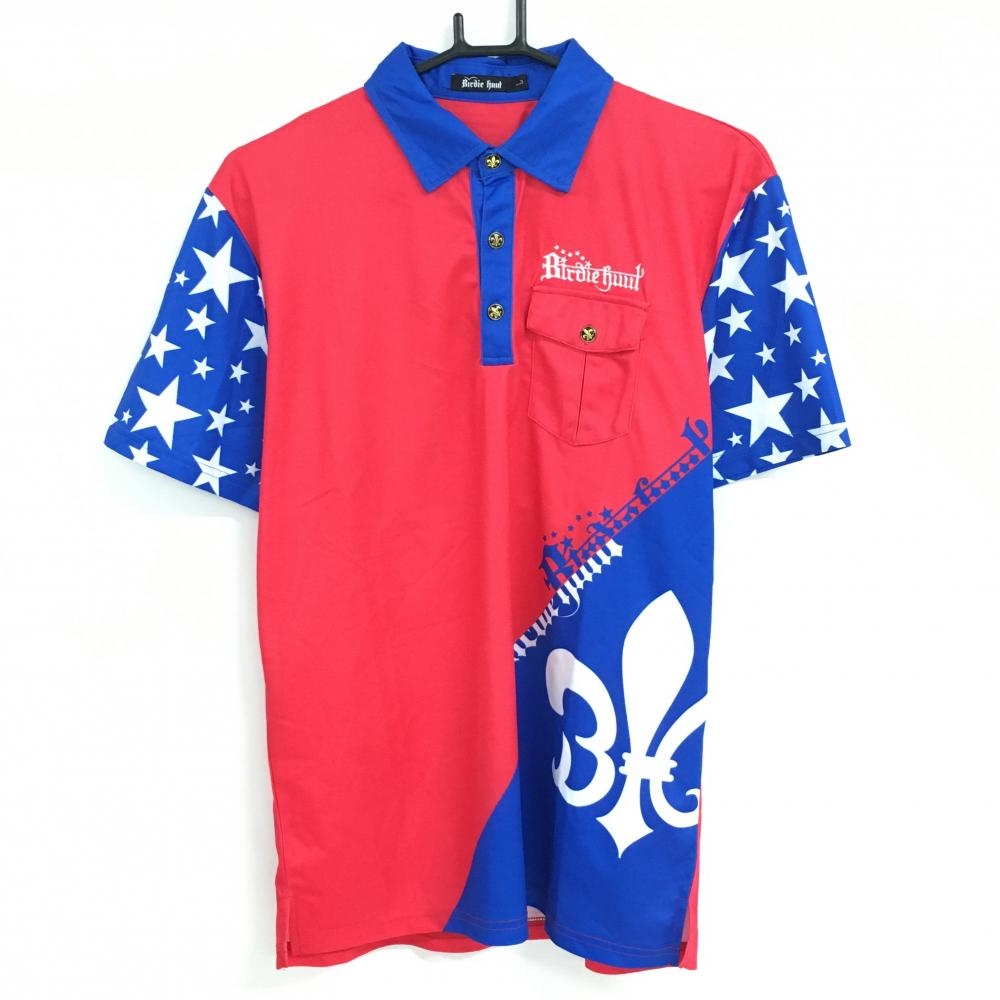 【超美品】バーディーハント 半袖ポロシャツ レッド×ブルー 袖星柄 胸ポケット メンズ L ゴルフウェア Birdie hunt 画像
