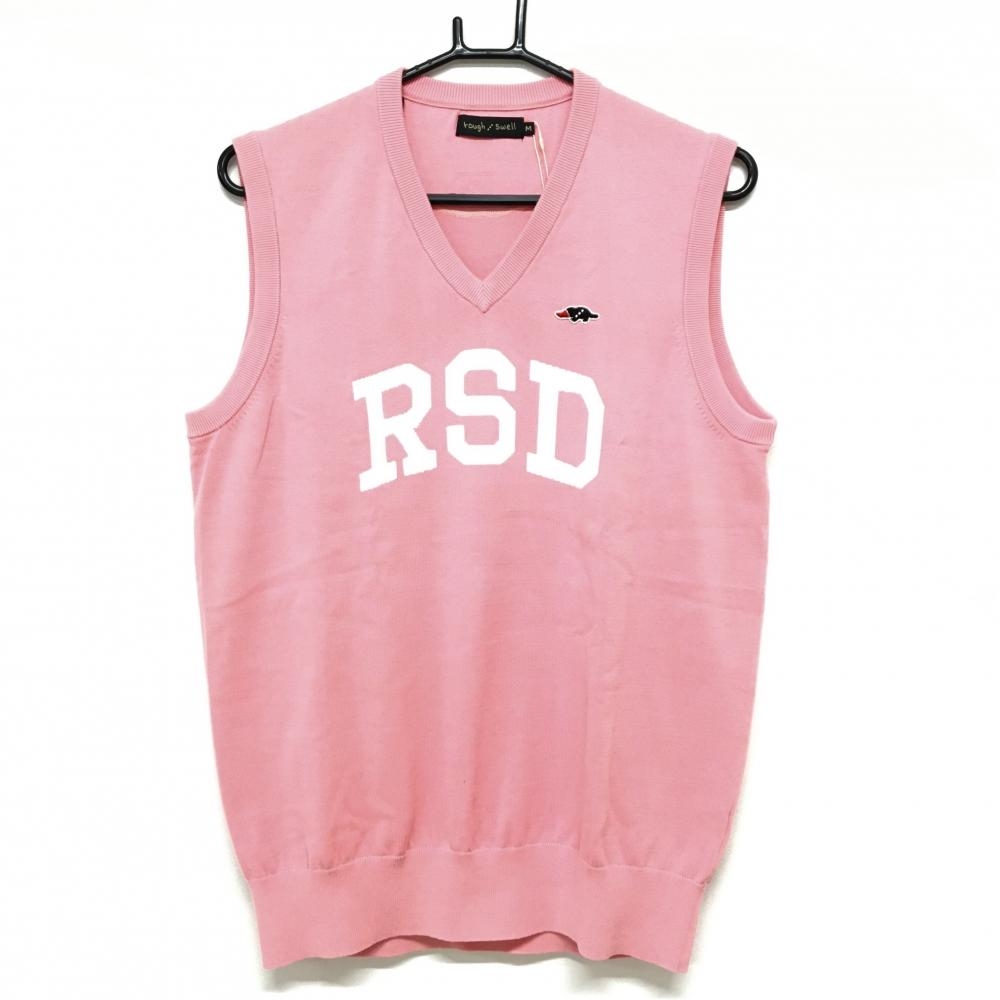【新品】ラフアンドスウェル ニットベスト ピンク×白 フロント英字 コットン100％  メンズ M ゴルフウェア 2023年モデル rough＆swell