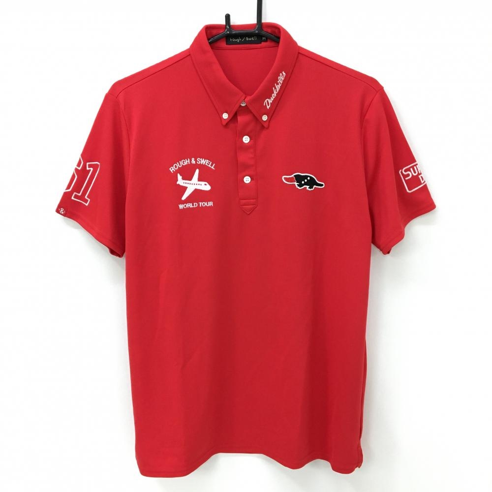 【超美品】ラフアンドスウェル 半袖ポロシャツ レッド×白 ボタンダウン 飛行機刺しゅう メンズ M ゴルフウェア rough＆swell