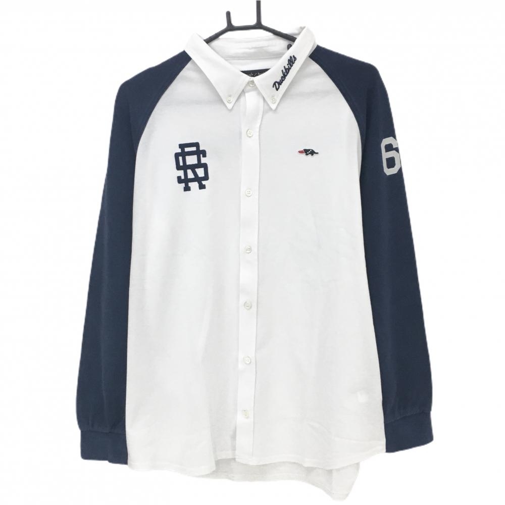 ラフアンドスウェル 長袖シャツ 白×ネイビー 袖切替 ボタンダウン メンズ XL ゴルフウェア rough＆swell