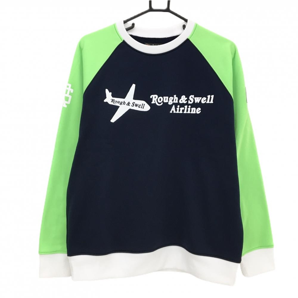 【超美品】ラフアンドスウェル トレーナー ネイビー×蛍光グリーン 裏起毛 メンズ L ゴルフウェア rough＆swell