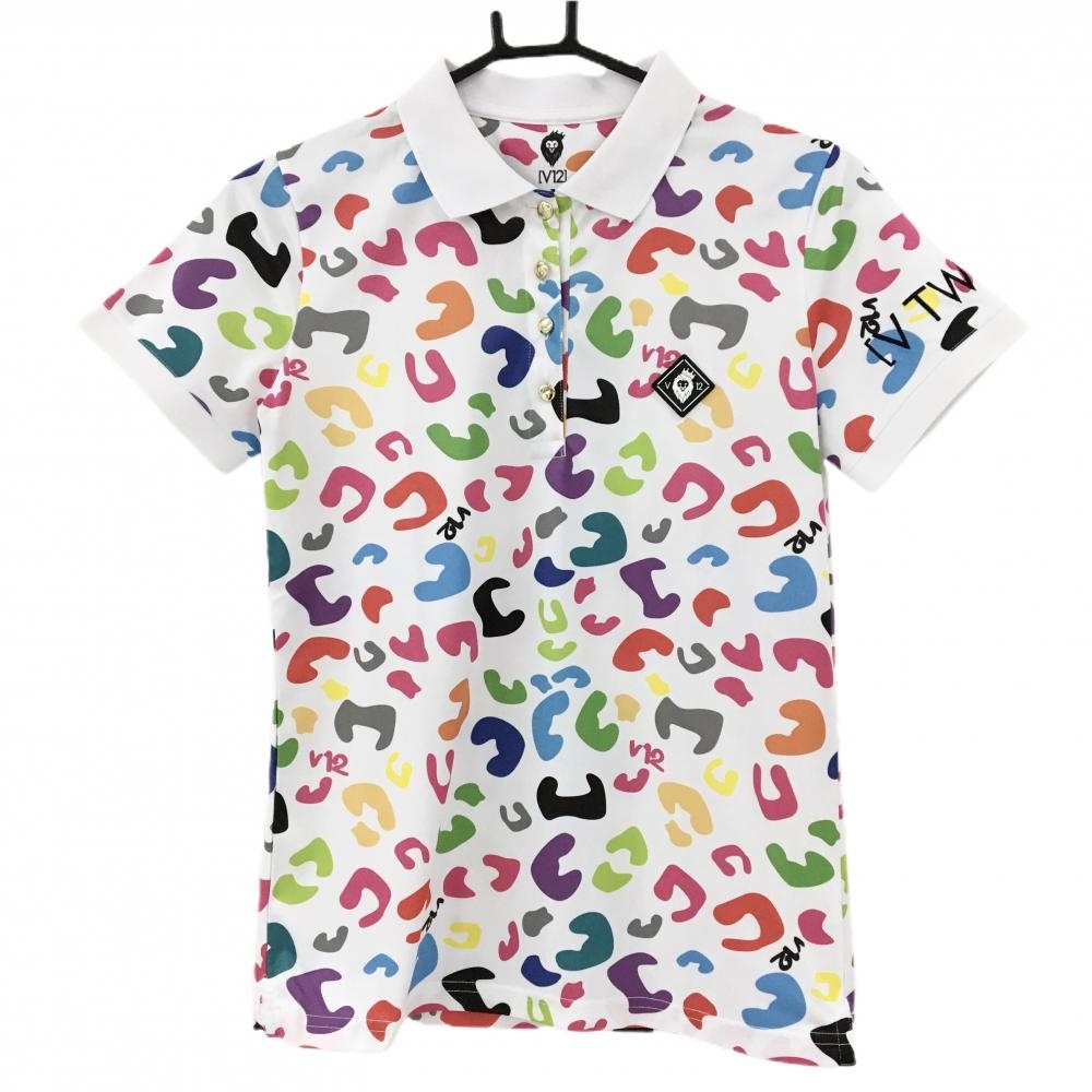 【美品】V12 半袖ポロシャツ 白×マルチカラー 総柄  レディース 1(M) ゴルフウェア V12