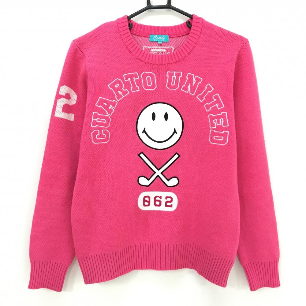 【美品】クアルトユナイテッド セーター ピンク×白 ニコちゃん スマイル ニット ウール混 レディース L ゴルフウェア CUARTO UNITED