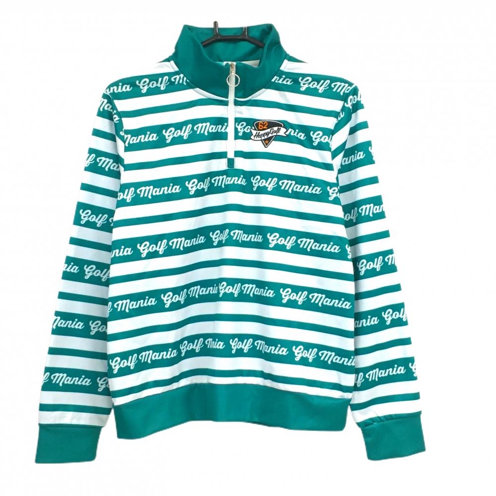 【超美品】クアルトユナイテッド 長袖ハイネックシャツ グリーン×白 ボーダー ハーフジップ レディース L ゴルフウェア CUARTO UNITED