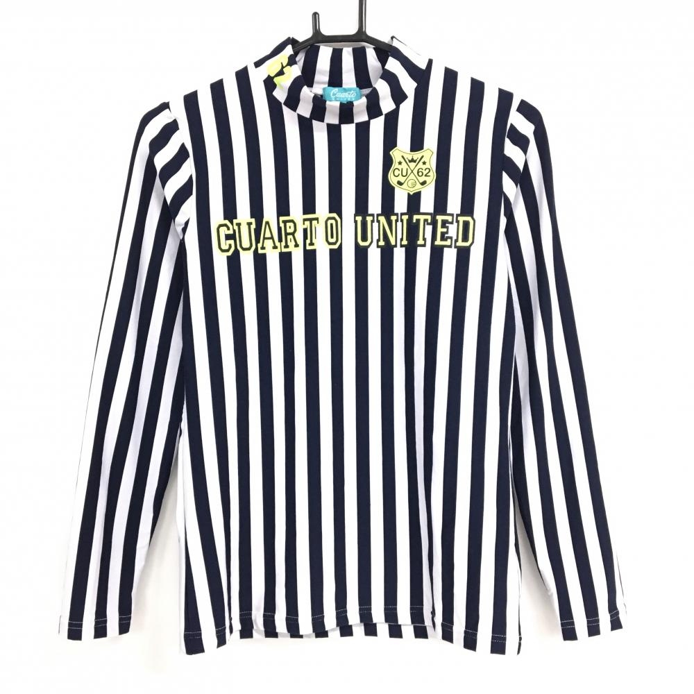 【美品】クアルトユナイテッド 長袖ハイネックシャツ ネイビー×白 ストライプ ロゴプリント レディース M ゴルフウェア CUARTO UNITED