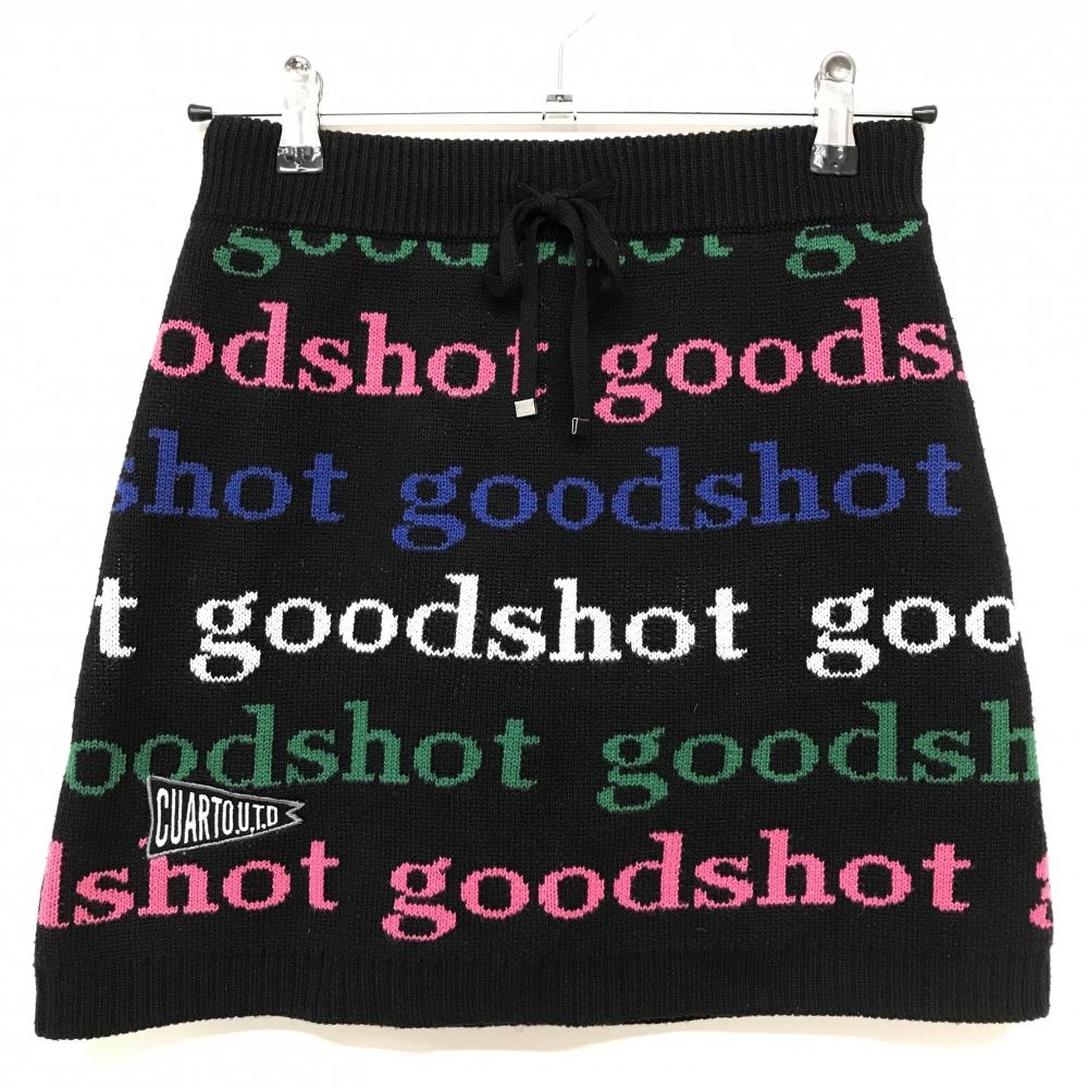 【超美品】クアルトユナイテッド ニットスカート 黒×マルチカラー 英字柄 ウール混  レディース S ゴルフウェア CUARTO UNITED
