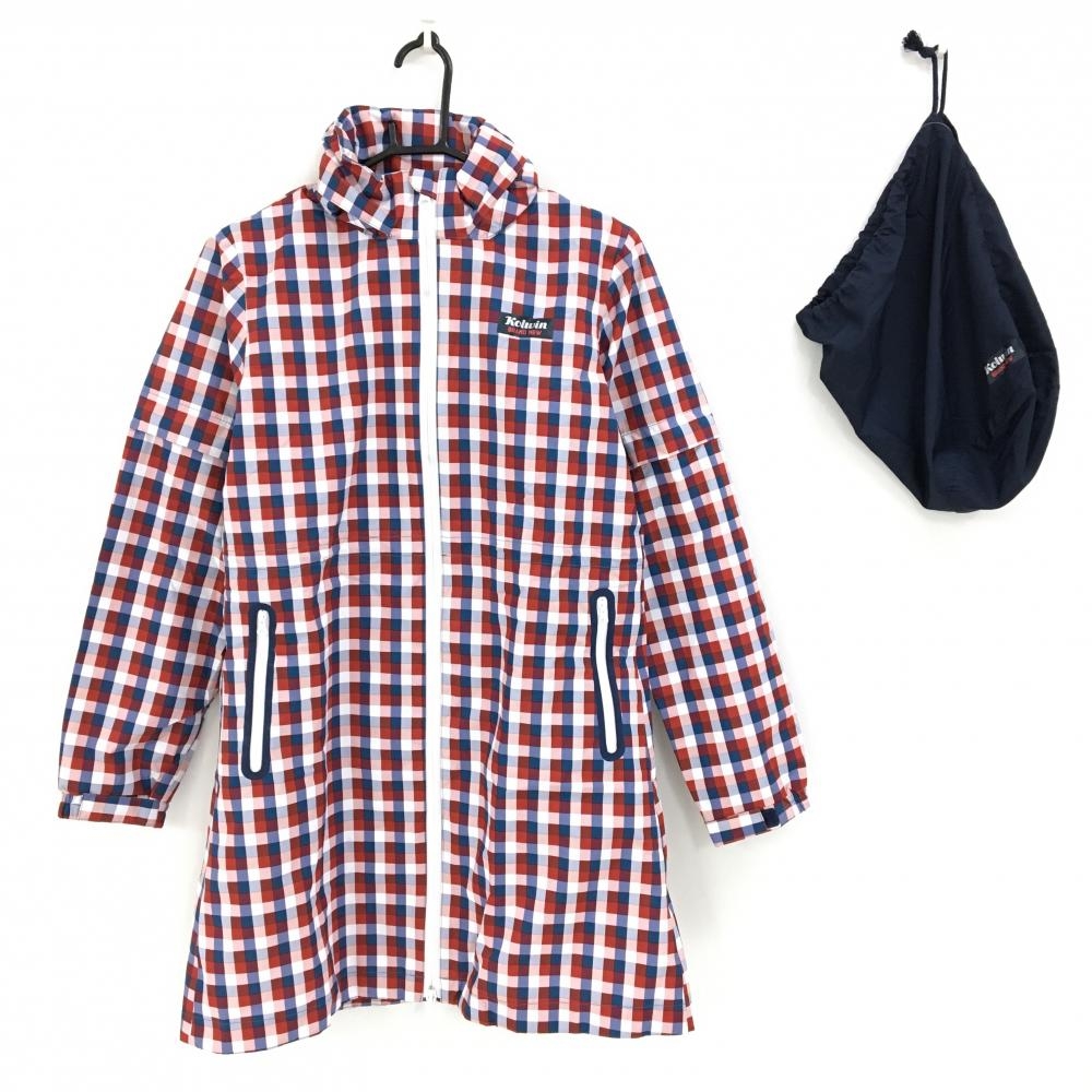【超美品】コルウィン 2WAYレインワンピース 白×レッド×ブルー チェック 袖着脱可 収納袋付 レディース M ゴルフウェア Kolwin