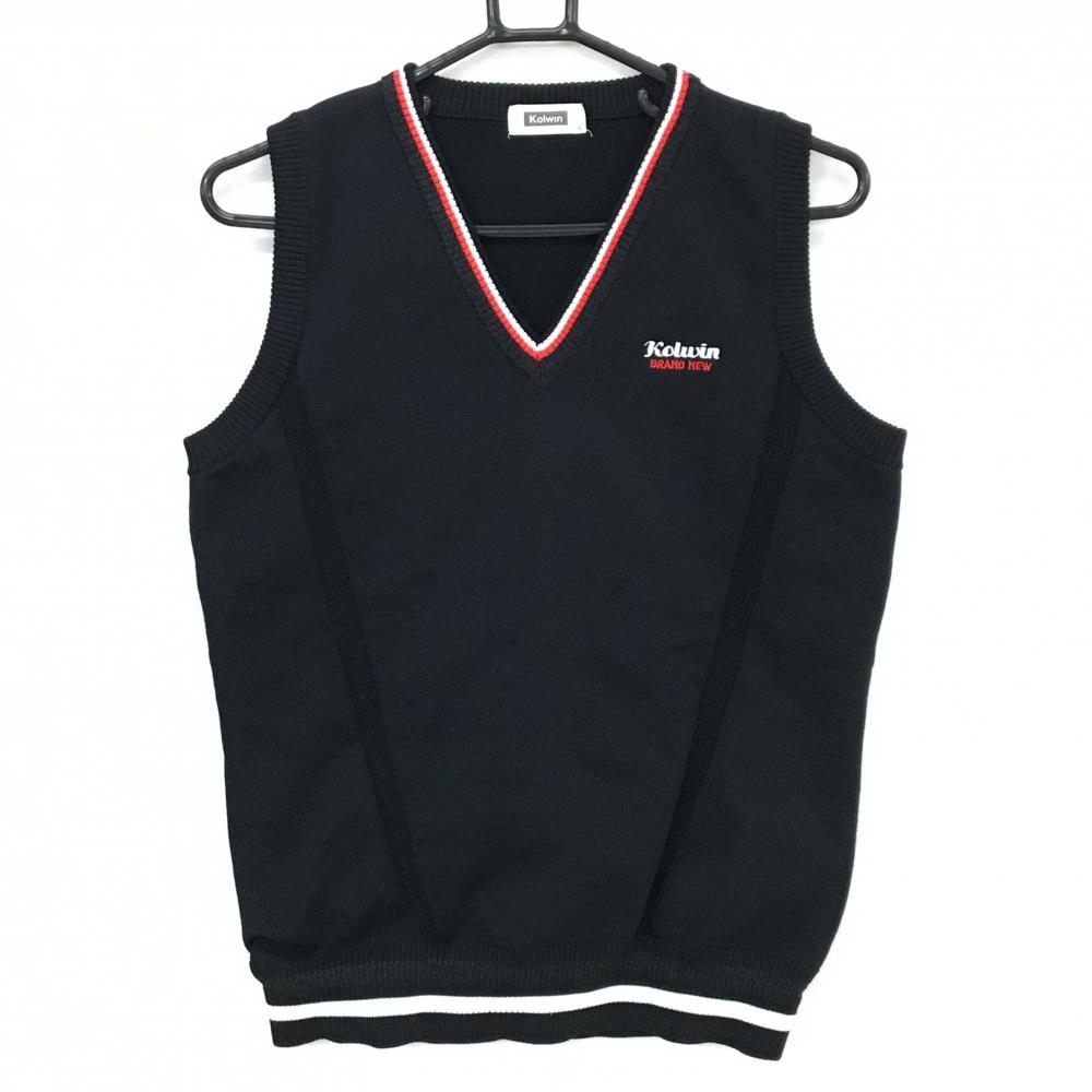 【超美品】コルウィン ニットベスト 黒×白 ロゴ刺しゅう Vネック ポリエステル100％ レディース LL ゴルフウェア Kolwin