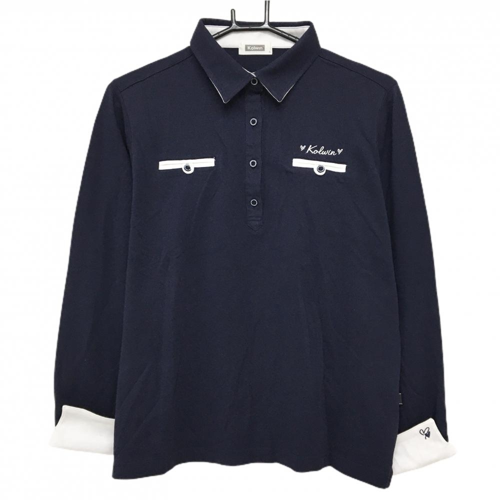 【美品】コルウィン 長袖ポロシャツ ネイビー×白 ロゴ刺しゅう レディース 3L ゴルフウェア 大きいサイズ Kolwin