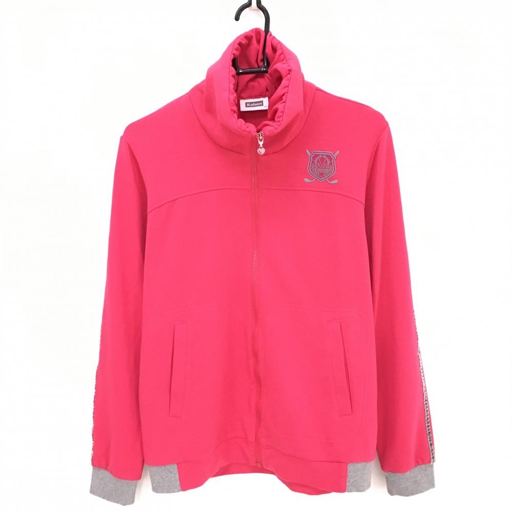 【美品】コルウィン ハイネックジャケット ピンク×グレー 袖ライン ワッペン レディース LL ゴルフウェア Kolwin