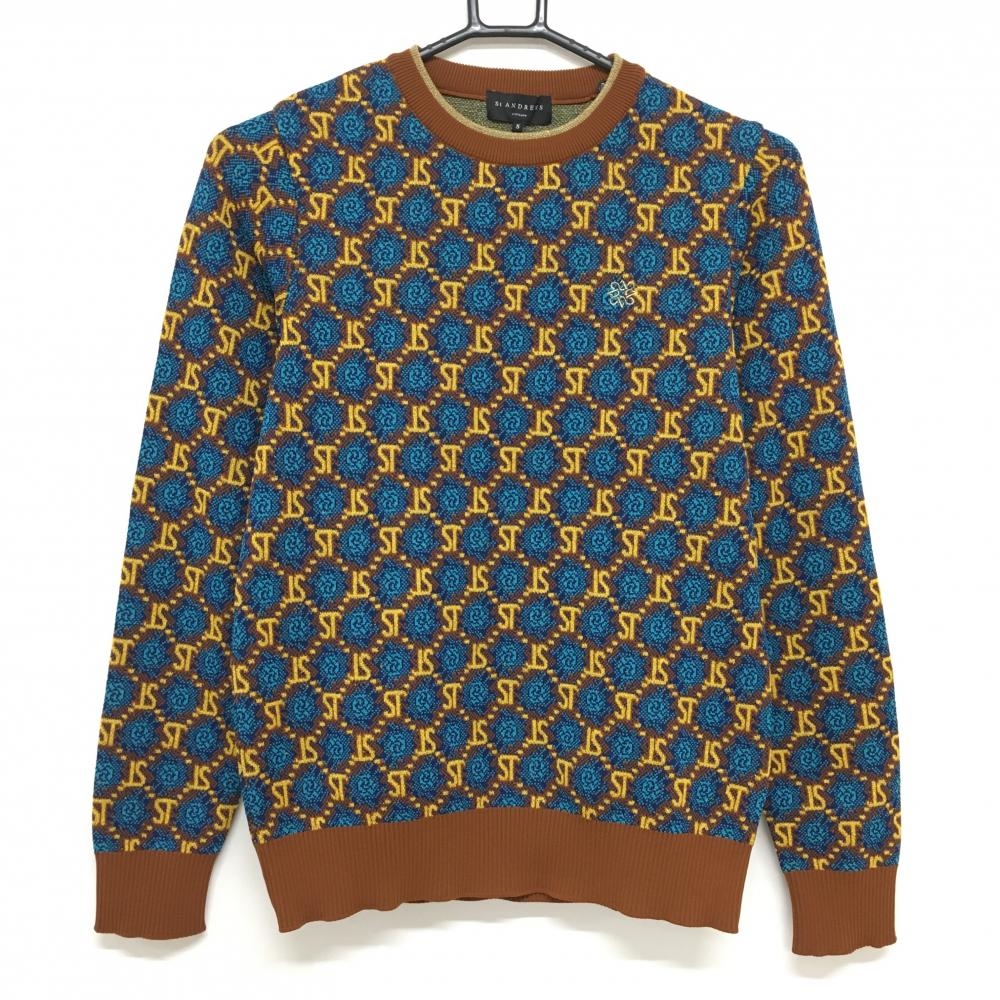 【超美品】セントアンドリュース セーター ブルー×イエロー×ブラウン 総柄 ニット レディース S ゴルフウェア 2023年モデル St ANDREWS