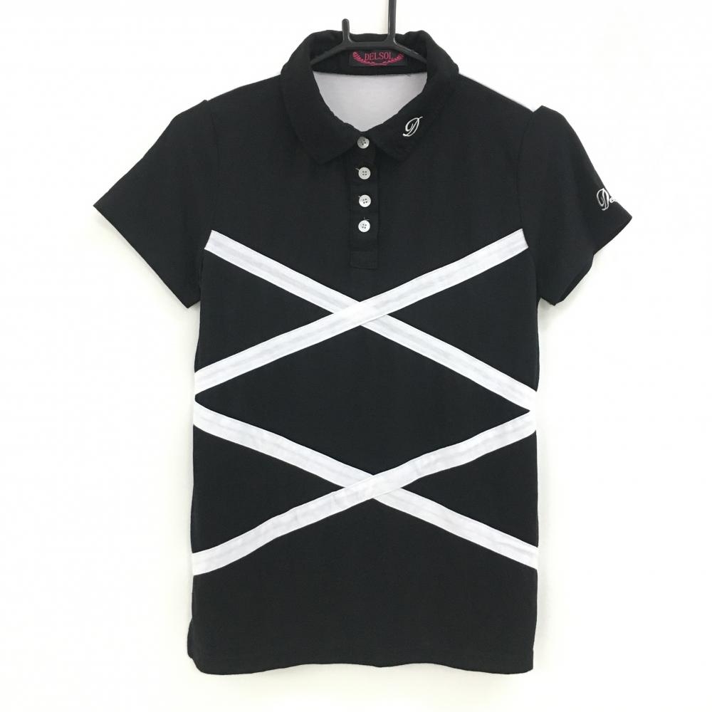 【美品】デルソル 半袖ポロシャツ 黒×白 ロゴ刺しゅう レディース L ゴルフウェア DELSOL
