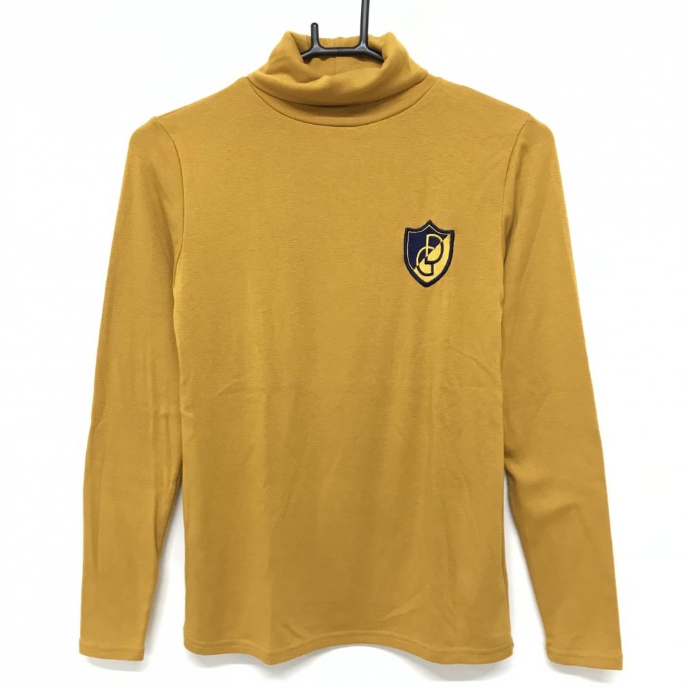 【美品】デルソル 長袖ハイネックシャツ マスタードイエロー×ネイビー 胸元ロゴ レディース M ゴルフウェア DELSOL