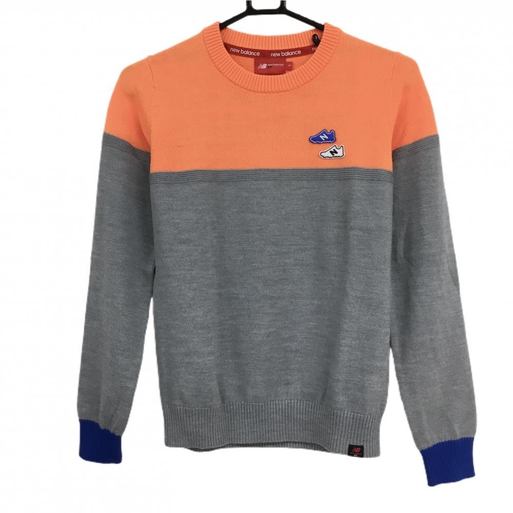 【美品】ニューバランスゴルフ セーター グレー×オレンジ×ブルー バイカラー 後ロゴ刺しゅう レディース 1(M) ゴルフウェア New Balance