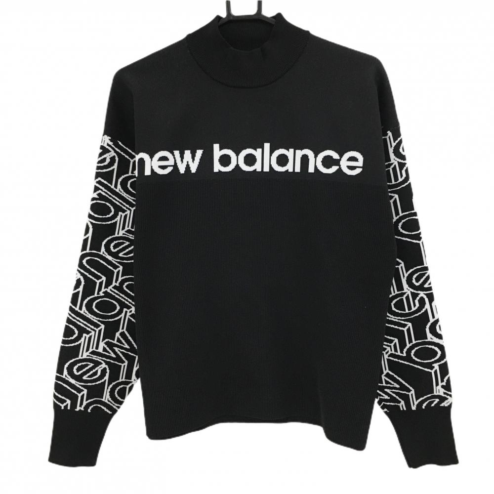 【超美品】ニューバランスゴルフ ハイネックセーター 黒×白 袖英字総柄 ニット レディース 2(L) ゴルフウェア 2023年モデル New Balance