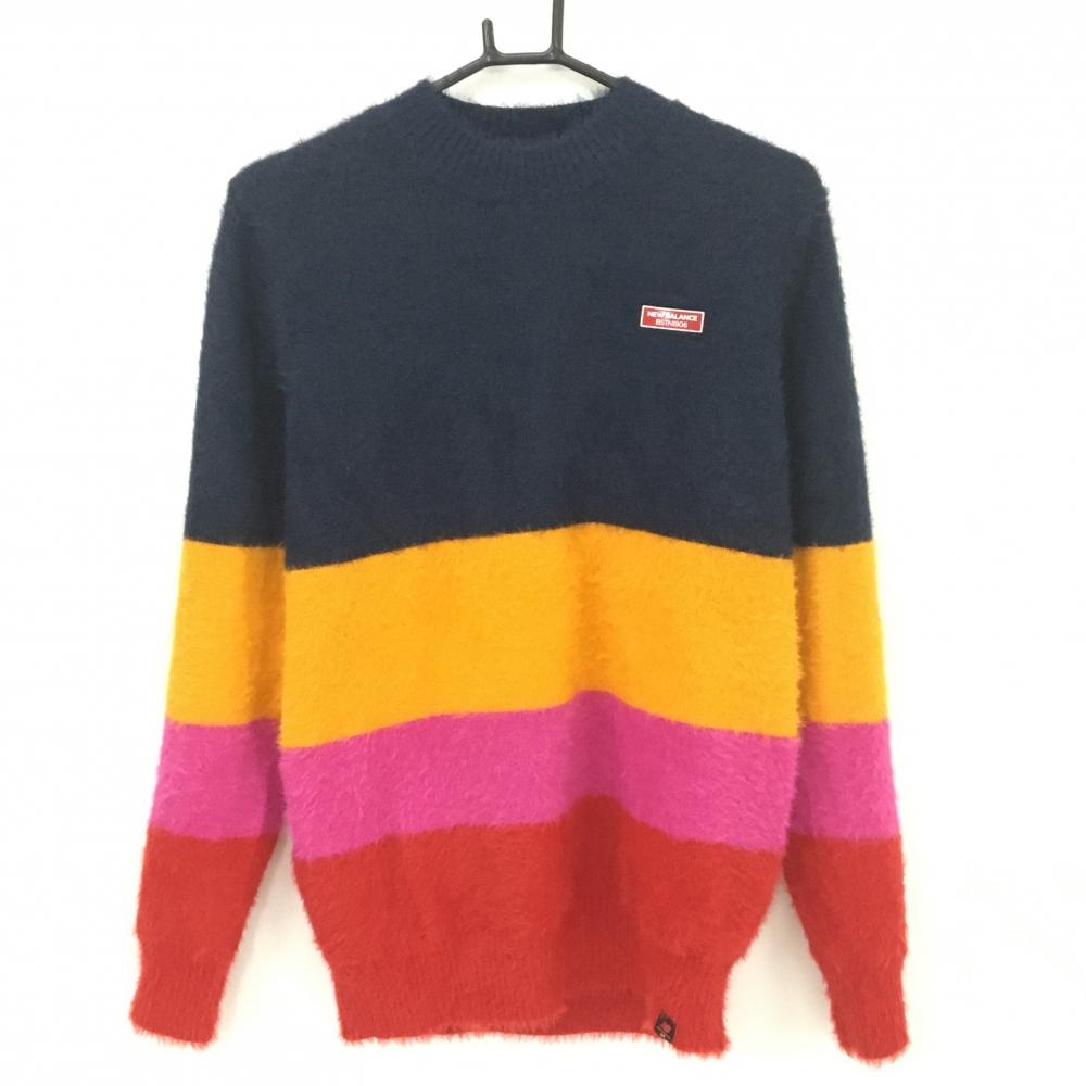 【超美品】ニューバランスゴルフ ハイネックセーター ネイビー×オレンジ シャギーニット 胸ロゴ レディース L ゴルフウェア New Balance
