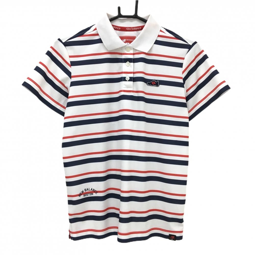 ニューバランスゴルフ 半袖ポロシャツ 白×ネイビー×レッド ボーダー レディース 2(L) ゴルフウェア New Balance