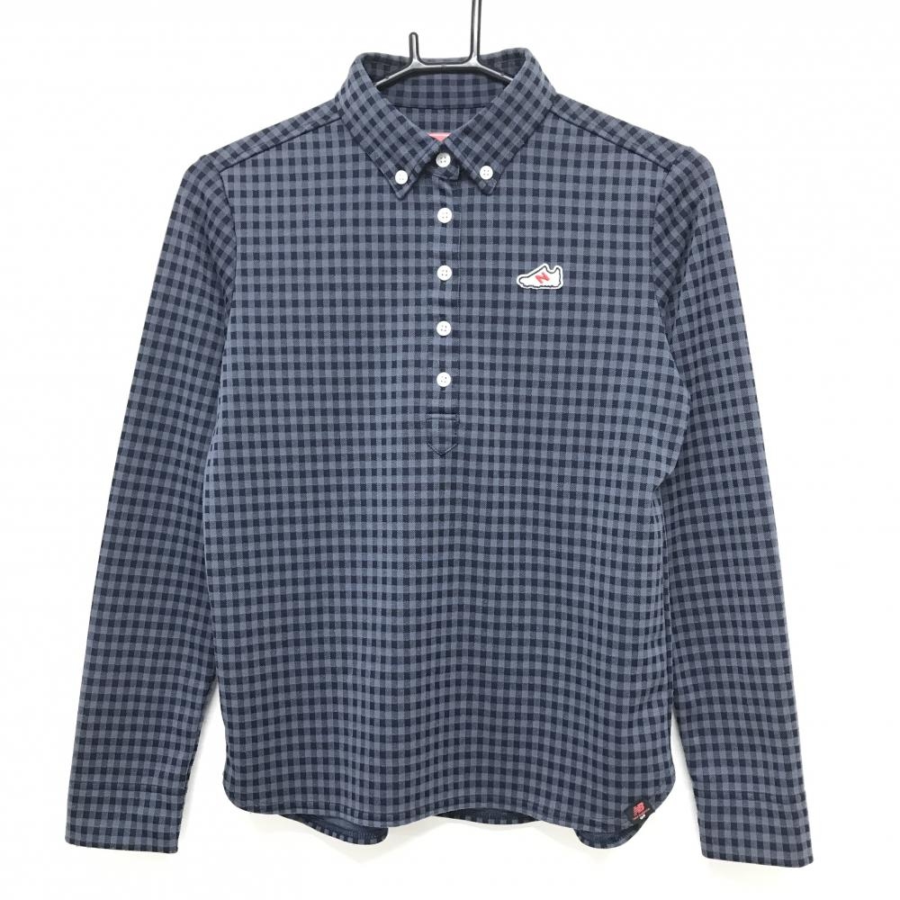 【美品】ニューバランスゴルフ 長袖ポロシャツ ブルーグレー×ネイビー チェック柄  レディース 1(M) ゴルフウェア New Balance