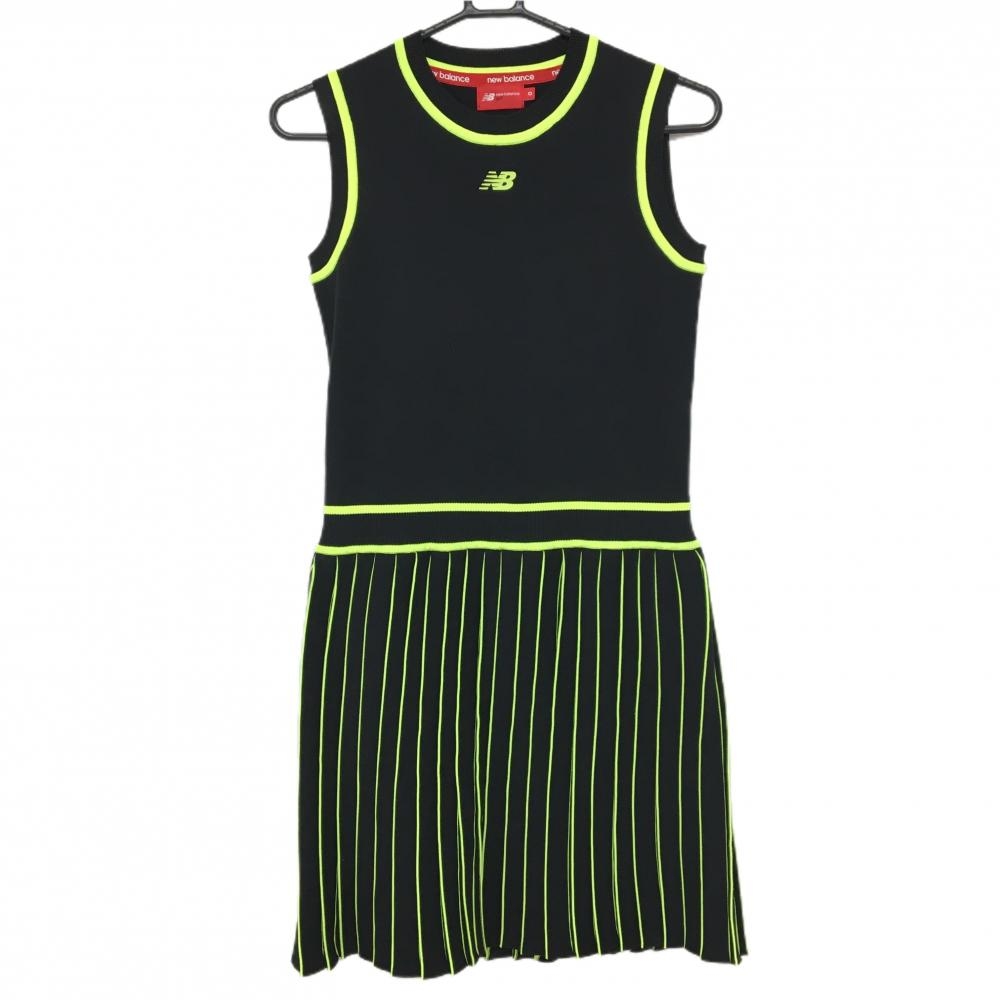 【美品】ニューバランスゴルフ ノースリーブニットワンピース 黒×蛍光イエロー  レディース 0(S) ゴルフウェア New Balance