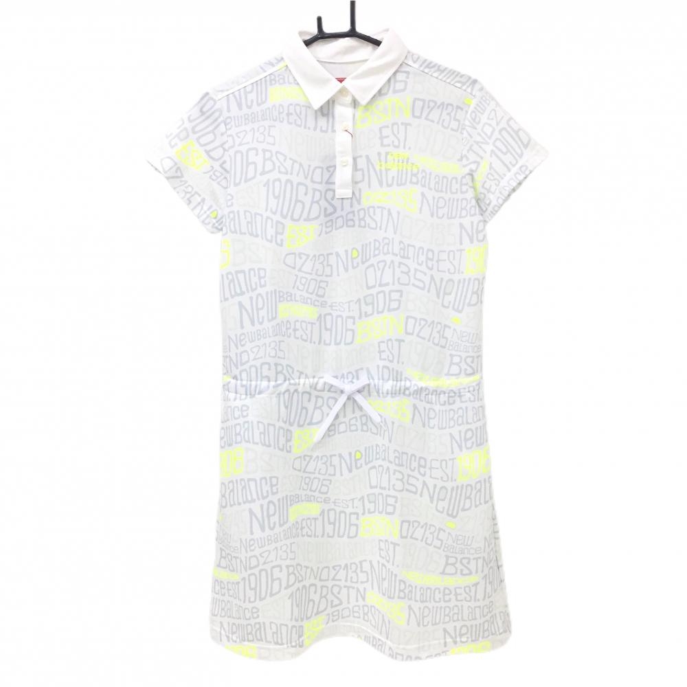 【新品】ニューバランスゴルフ 半袖ポロワンピース 白×グレー×蛍光イエロー 総柄 レディース 2(L) ゴルフウェア New Balance