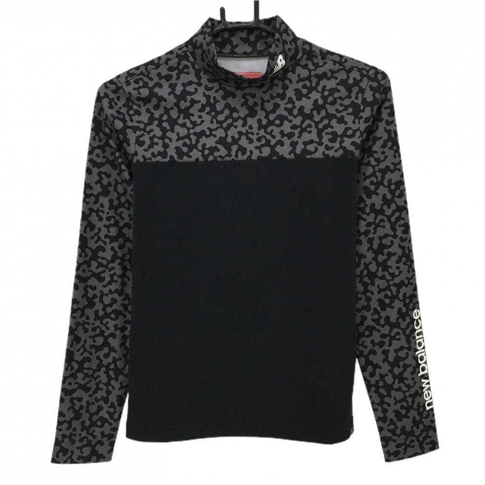 【美品】ニューバランスゴルフ 長袖ハイネックシャツ l黒×グレー 上部総柄 レディース 1(M) ゴルフウェア New Balance