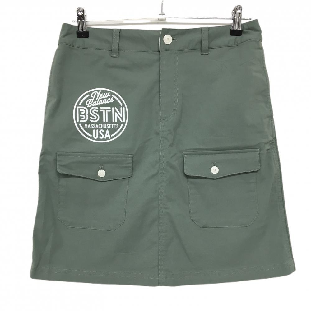 【超美品】ニューバランスゴルフ ストレッチスカート カーキ×白 後ろワッペン 6ポケット レディース 2(L) ゴルフウェア New Balance